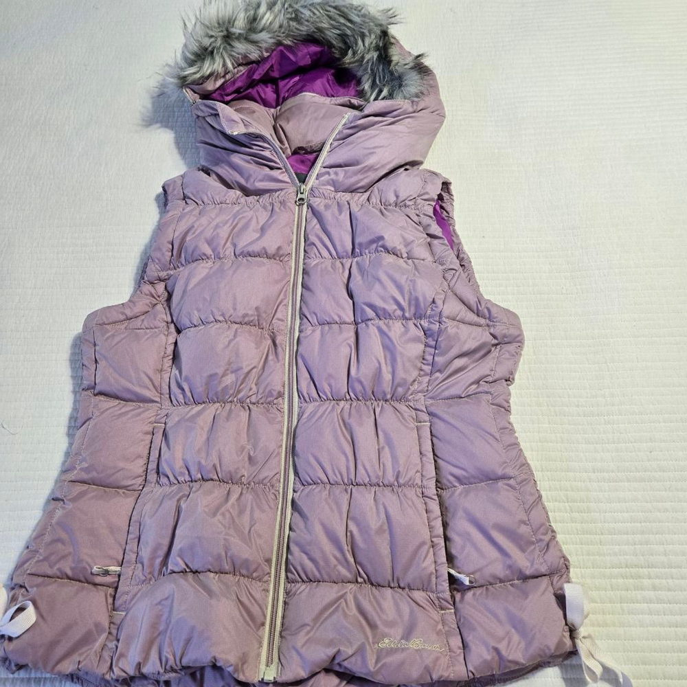 Women's Eddie Bauer Purple Down Puffer Vest with Faux Fur Detachable Hood Size S
